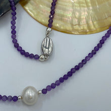 Load image into Gallery viewer, &lt;p&gt;&lt;span&gt;This necklace features a white Freshwater Pearl&nbsp; on a necklace of 3.5mm facetted Amethyst gemstones with a sterling silver peanut clasp&lt;/span&gt;&lt;/p&gt; &lt;p&gt;&lt;span&gt;The pearl is 9.5 x 10.5mm in size&lt;/span&gt;&lt;/p&gt; &lt;p&gt;The overall length is 44cm&lt;/p&gt; &lt;p&gt;Other gemstone necklaces can be made to order&lt;/p&gt;

