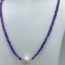 Load image into Gallery viewer, &lt;p&gt;&lt;span&gt;This necklace features a white Freshwater Pearl&nbsp; on a necklace of 3.5mm facetted Amethyst gemstones with a sterling silver peanut clasp&lt;/span&gt;&lt;/p&gt; &lt;p&gt;&lt;span&gt;The pearl is 9.5 x 10.5mm in size&lt;/span&gt;&lt;/p&gt; &lt;p&gt;The overall length is 44cm&lt;/p&gt; &lt;p&gt;Other gemstone necklaces can be made to order&lt;/p&gt;
