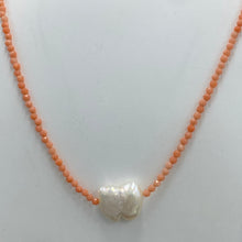 Load image into Gallery viewer, &lt;p&gt;&lt;span&gt;This necklace features a white Freshwater Keshi or seedless Pearl&nbsp; on a necklace of 2.5mm facetted Orange Bamboo Coral gemstones with a sterling silver peanut clasp&lt;/span&gt;&lt;/p&gt; &lt;p&gt;&lt;span&gt;The pearl is 12.5 x 15mm in size&lt;/span&gt;&lt;/p&gt; &lt;p&gt;The overall length is 46cm&lt;/p&gt; &lt;p&gt;Other gemstone necklaces can be made to order&lt;/p&gt;
