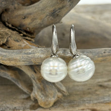 Load image into Gallery viewer, Australian South sea pearl earrings on&nbsp;925 sterling silver &#39;knife edged&#39; hooks.  They feature circle button pearls, 10.7mm in size and White in color.  J3252
