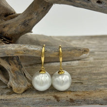 Load image into Gallery viewer, Australian South sea pearl earrings on 9ct Yellow gold shepherd hooks.&nbsp;  They feature Baroque Drop shaped pearls,&nbsp; 12mm x 13mm in size and White with Silver hues in color.    J3476
