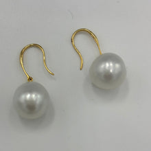 Load image into Gallery viewer, Australian South sea pearl earrings on 9ct Yellow gold shepherd hooks.&nbsp;  They feature Baroque Drop shaped pearls,&nbsp; 12mm x 13mm in size and White with Silver hues in color.    J3476
