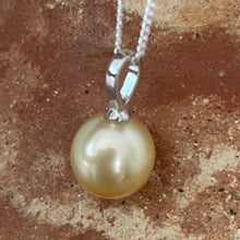 Load image into Gallery viewer, South Sea pearl pendant featuring an Oval shape pearl 13 x 13.7mm in size and Gold in color.

The pearl is set in 925 sterling silver pendant

Chain included is Base metal only&nbsp;

J3286
