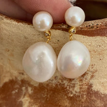 Load image into Gallery viewer, Sterling silver stud style earrings featuring a Small White 8mm Button Pearl on the stud, a small&nbsp; bezel set Cubic Zirconia and a large White Button shape 13.5 to 14mm Pearl underneath.&nbsp;

Tully is also available in gold plated over silver&nbsp;
