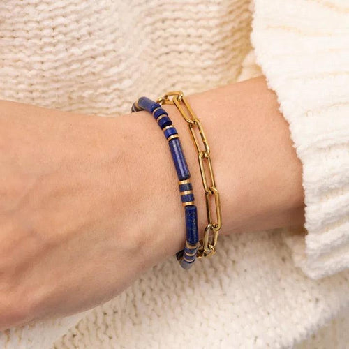 Stunning new range of ladies Stainless steel and nautical rope jewellery, hand made in Amsterdam and designed with strength to be worn 24/7

Blue Lapis and Gold 4mm semi precious stones with a 4mm Gold chain and clasp

Adjustable size

In stock now 'One size'

Also available in other colors and sizes 