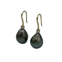 Load image into Gallery viewer, Our &#39;Lucia&#39; earrings are 9ct Yellow Gold and diamond with  stunning Drop shaped Tahitian South Sea Pearls.  They  feature a single bezel set diamond in each with a Total Diamond Weight of 2= 0.117ct  and HSI quality   The pearls are tear drop in shape and 10.8 x 13.9mm in size and is a stunning Peacock Green in color with strong Aubergine hues and High lustre  There is a matching &#39;Lucia&#39; pendant if you search Lucia  J3216

