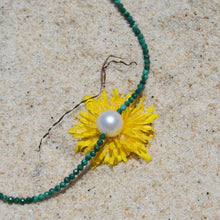 Load image into Gallery viewer, Australian South Sea pearl necklace with malachite faceted gemstones and a sterling silver peanut clasp  This stunning necklace features an Australian South Sea pearl , Circle Drop in shape, and 10.9mm in size. It is  white with Subtle  Pink hues in color  The overall length is 45cm  Good lustre and light natural &#39;birthmarks&#39;  J3324
