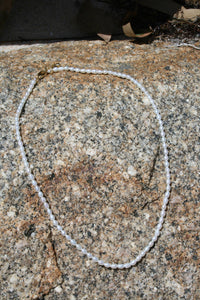 White Drop Freshwater Pearls, 3-4mm in Size, Knotted with Sterling Silver Clasp, 40 or 45cm in Length and a 3cm extension chain.   Also available with gold plated chain and clasp  There is also a matching bracelet