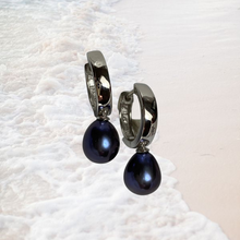 Load image into Gallery viewer, Sterling Silver &#39;Huggie&#39; Earrings featuring Drop Shape Black 7.5-8mm Pearls.  Also available in White Pearls.
