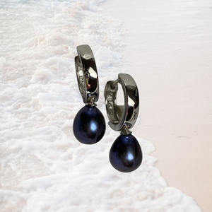 Sterling Silver 'Huggie' Earrings featuring Drop Shape Black 7.5-8mm Pearls.  Also available in White Pearls.