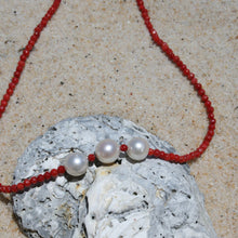 Load image into Gallery viewer, Australian South Sea pearl necklace with faceted red agate gemstones and a sterling silver peanut clasp  This stunning necklace features three White Australian  South Sea pearls ,  Drop in shape, and 8.9 -9.2mm in size. They are White with pink hues in color  The overall length is 43cm  Good lustre and light natural &#39;birthmarks&#39;  J3325
