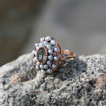 Load image into Gallery viewer, We named this ring Salacia after the Goddess of the Ocean in Greek mythology  It is Rose gold plated over Sterling Silver and  features tiny seed pearls around a central Fume color crystal .  This stunning vintage look ring is adjustable in size so one size fits all
