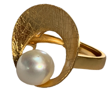 Load image into Gallery viewer, 18ct Gold plated over 925 Sterling silver ring  It is a textured and polish finish and features a Button shape Freshwater White pearl 9-9.5mm  Adjustable ring band
