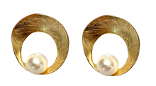 Load image into Gallery viewer, 18K gold plated polish finish over 925 sterling silver stud style earrings  Textured Open circle Featuring White Button shaped Freshwater pearls 8-8.5mm  Overall earring length of 20mm.  Matching pendant and Ring available named &#39;Solar&#39; 
