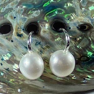 925 Sterling silver Hook style earrings, featuring a White Button Shape Freshwater Pearl 11-12mm  Overall height 20mm  Also available with 9ct yellow gold settings 