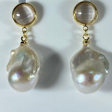 Load image into Gallery viewer, 14ct yellow gold plated over Sterling silver Drop style earrings with stud post featuring &quot;Cats Eye&quot; stones at top with large 14 -16mm Baroque shape Freshwater pearl, White in color
