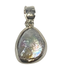 Load image into Gallery viewer, Sterling Silver Pendant featuring a Baroque Shape Biwa Pearl, White Colour, 17 x 21mm in size.  Base metal chain included at no charge

