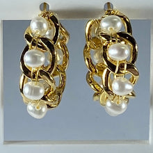 Load image into Gallery viewer, 14ct yellow gold plated over Sterling silver Hoop style earrings, featuring 4.5mm Drop shape White Freshwater Pearls scattered through a Gold Lattice 

