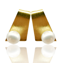 Load image into Gallery viewer, 18K gold plated Satin finish over 925 sterling silver stud style earrings  Featuring White Freshwater Button shape pearls 6.5-7mm  Overall earring length of 20mm.
