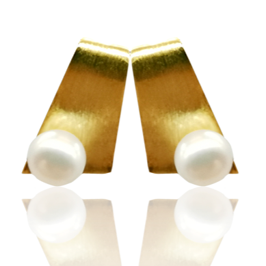 18K gold plated Satin finish over 925 sterling silver stud style earrings  Featuring White Freshwater Button shape pearls 6.5-7mm  Overall earring length of 20mm.