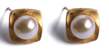 Load image into Gallery viewer, 18K gold plated over 925 sterling silver stud style earrings  Satin finish studs with a cubic zirconia and Button shaped Freshwater pearls 7.5-8mm  Overall earring length of 15mm.  Matching pendant available named &#39;Swirl&#39; pendant 
