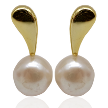 Load image into Gallery viewer, 18K gold plated polish finish over 925 sterling silver stud style earrings  Featuring White Button shaped Freshwater pearls 12-12.5mm  Overall earring length of 25mm.  Matching pendant available named &#39;Pointy&#39; necklace

