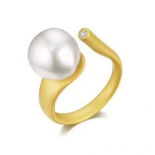 Load image into Gallery viewer, 18ct Gold plated over 925 Sterling silver ring  It is satin finish and features Baroque to round 10mm White pearl and a Zircon  Adjustable ring band
