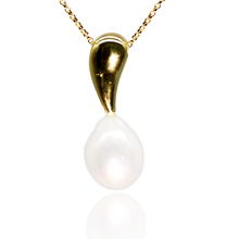 Load image into Gallery viewer, 18K gold plated over 925 sterling silver pendant and chain  Polish finish pendant 30mm from top to bottom, holding a Button shape White Freshwater pearl 12mm  Chain is adjustable from 40 to 46cm in length  Matching earrings available named &#39;Pointy&#39; earrings
