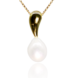 18K gold plated over 925 sterling silver pendant and chain  Polish finish pendant 30mm from top to bottom, holding a Button shape White Freshwater pearl 12mm  Chain is adjustable from 40 to 46cm in length  Matching earrings available named 'Pointy' earrings