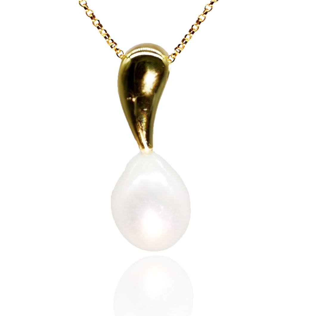 18K gold plated over 925 sterling silver pendant and chain  Polish finish pendant 30mm from top to bottom, holding a Button shape White Freshwater pearl 12mm  Chain is adjustable from 40 to 46cm in length  Matching earrings available named 'Pointy' earrings