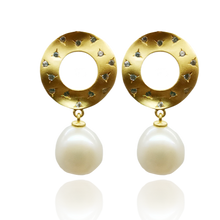 Load image into Gallery viewer, 18K gold plated over 925 sterling silver stud style earrings  Satin finish earrings featuring White Freshwater Button shape pearls 10-10.5mm and zircon  Overall earring length of 25mm.
