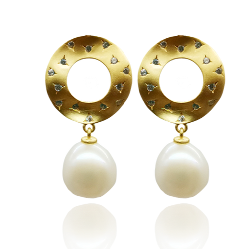 18K gold plated over 925 sterling silver stud style earrings  Satin finish earrings featuring White Freshwater Button shape pearls 10-10.5mm and zircon  Overall earring length of 25mm.