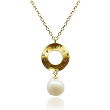 Load image into Gallery viewer, 18K gold plated over 925 sterling silver pendant and chain  Satin finish pendant has a Button shape white  Freshwater pearl 8.5-9mm  Pendant is 25mm from top to bottom in height  Matching earrings available named &#39;By The Sea&#39; earrings
