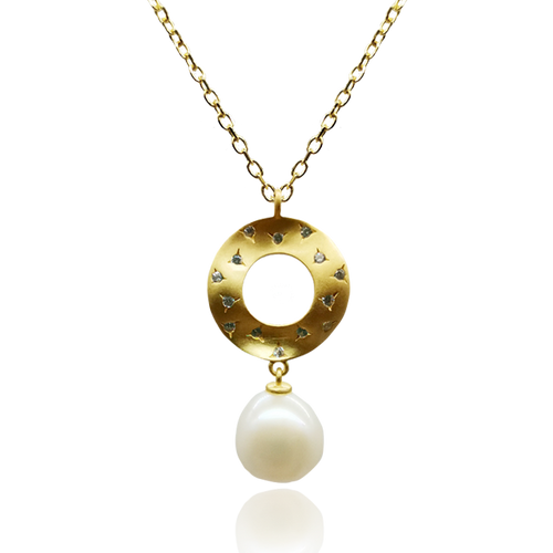 18K gold plated over 925 sterling silver pendant and chain  Satin finish pendant has a Button shape white  Freshwater pearl 8.5-9mm  Pendant is 25mm from top to bottom in height  Matching earrings available named 'By The Sea' earrings