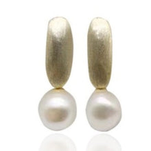 Load image into Gallery viewer, 18K gold plated Satin finish over 925 sterling silver stud style earrings  Featuring White Freshwater Round pearls 10mm  Overall earring length of 25mm.
