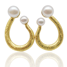 Load image into Gallery viewer, 18K gold plated satin finish over 925 sterling silver with two white Freshwater Pearls, Button shape 7.5-8 and 5-5.5mm  Stud fitting with overall earring length of 30mm.
