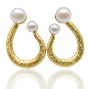 18K gold plated satin finish over 925 sterling silver with two white Freshwater Pearls, Button shape 7.5-8 and 5-5.5mm  Stud fitting with overall earring length of 30mm.