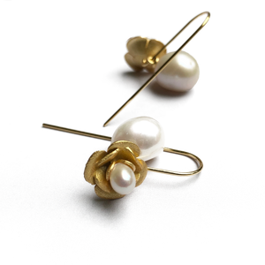 18K gold plated polish finish over 925 sterling silver hook style earrings  Featuring a white Freshwater pearl in the flower and a Drop shaped White Freshwater pearl underneath 