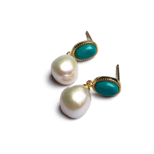 Load image into Gallery viewer, 18K gold plated 925 sterling silver with white Freshwater Drop shaped pearl 9.5mm  The top features turquoise   Stud fitting with overall earring length of 20mm.
