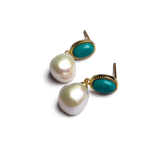 18K gold plated 925 sterling silver with white Freshwater Drop shaped pearl 9.5mm  The top features turquoise   Stud fitting with overall earring length of 20mm.