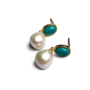 18K gold plated 925 sterling silver with white Freshwater Drop shaped pearl 9.5mm  The top features turquoise   Stud fitting with overall earring length of 20mm.