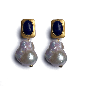 18K gold plated over 925 sterling silver "continental" clasp style earrings  Satin finish drop earrings featuring Blue Lapis stone at the top with large White Baroquw Freshwater pearls underneath 15 x 21mm   Overall earring length of 40mm