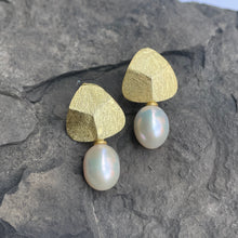 Load image into Gallery viewer, 18K gold plated Satin finish over 925 sterling silver stud style earrings  Featuring White Freshwater Drop shape pearls 8-8.5mm  Overall earring length of 25mm.
