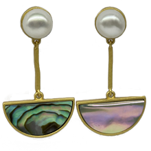 Load image into Gallery viewer, 18K gold plated Satin finish over 925 sterling silver stud style earrings  Featuring White Freshwater Button shape pearls 7.5-8mm in the stud at the top with a half circle of NZ Paua shell underneath,  20mm across the flat   Overall earring length of 35mm.
