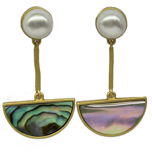 18K gold plated Satin finish over 925 sterling silver stud style earrings  Featuring White Freshwater Button shape pearls 7.5-8mm in the stud at the top with a half circle of NZ Paua shell underneath,  20mm across the flat   Overall earring length of 35mm.