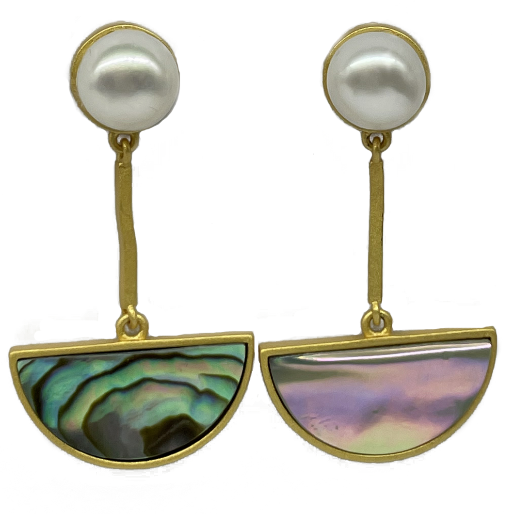 18K gold plated Satin finish over 925 sterling silver stud style earrings  Featuring White Freshwater Button shape pearls 7.5-8mm in the stud at the top with a half circle of NZ Paua shell underneath,  20mm across the flat   Overall earring length of 35mm.