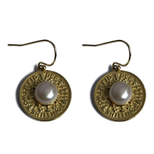 Load image into Gallery viewer, 18K gold plated over 925 sterling silver hook style earrings  Polish finish studs with Coin motif and Button  shaped Freshwater pearls 7.5-8mm  Overall earring length of 30mm.  Matching pendant available named &#39;Gold Coin&#39; pendant 
