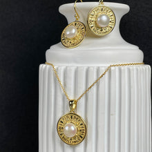 Load image into Gallery viewer, 18K gold plated over 925 sterling silver pendant and chain  Polish finish Coin, diameter 18mm with a Button shaped Freshwater pearl 7.5-8mm  Chain is adjustable from 40 to 46cm in length  Matching earrings available named &#39;Gold Coin&#39; earrings
