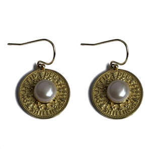 18K gold plated over 925 sterling silver hook style earrings  Polish finish studs with Coin motif and Button  shaped Freshwater pearls 7.5-8mm  Overall earring length of 30mm.  Matching pendant available named 'Gold Coin' pendant 