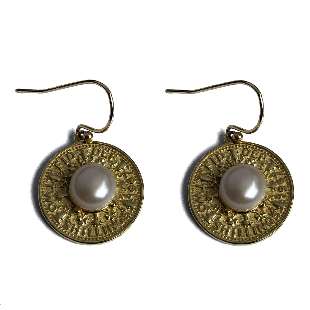 18K gold plated over 925 sterling silver hook style earrings  Polish finish studs with Coin motif and Button  shaped Freshwater pearls 7.5-8mm  Overall earring length of 30mm.  Matching pendant available named 'Gold Coin' pendant 
